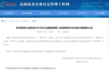 【公告】對(duì)河南省認(rèn)定機(jī)構(gòu)2024年認(rèn)定報(bào)備的第二批高新技術(shù)企業(yè)進(jìn)行備案的公告