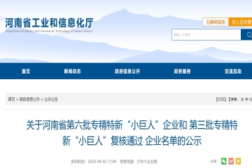 關于河南省第六批專精特新“小巨人”企業(yè)和第三批專精特新“小巨人”復核通過 企業(yè)名單的公示