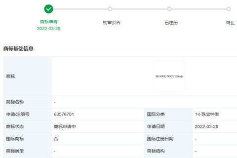 華為技術(shù)有限公司申請注冊“HUAWEI WATCH Buds”商標