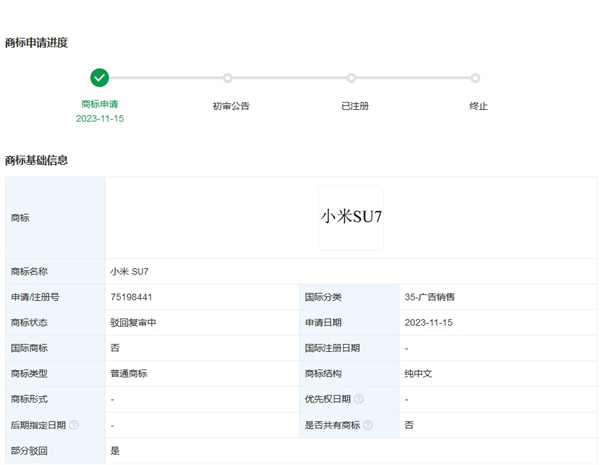 小米SU7部分商標(biāo)申請被駁回